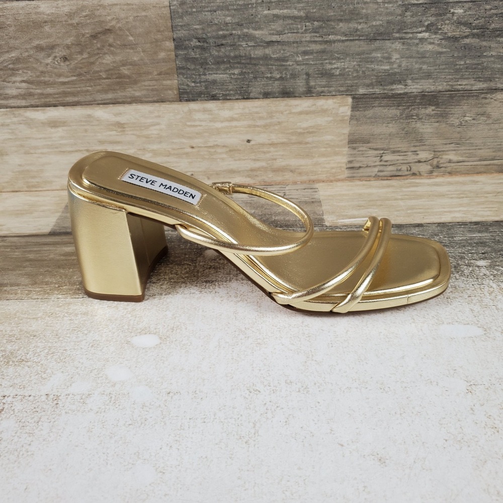 Steve Madden Gemeni Womens Sandals Sz 10 Metallic Gold Square-Toe Block Heel